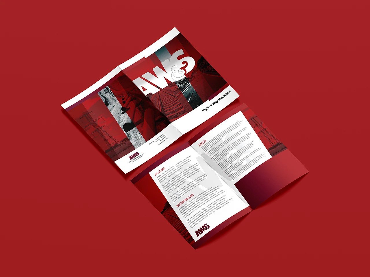 AW&S brochure, cover and inside spread, on a red background