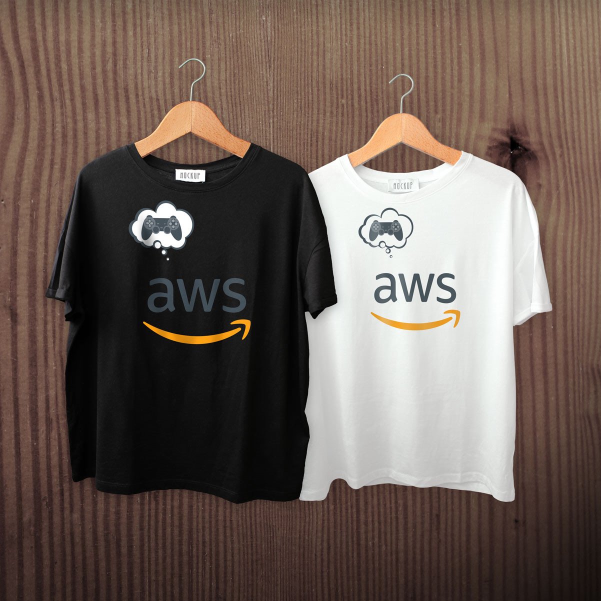 Black and white AWS t-shirts with a game-controller thought bubble above the logo