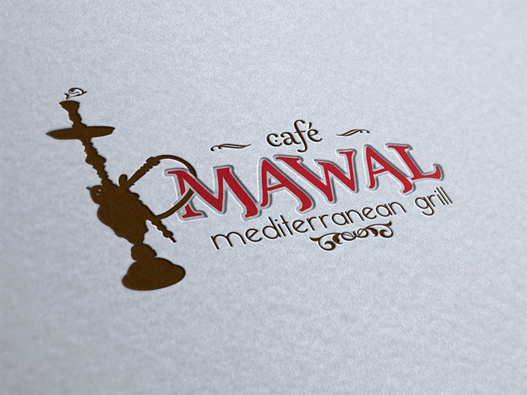 Café Mawal Mediterranean grill logo with a hookah illustration, embossed on paper