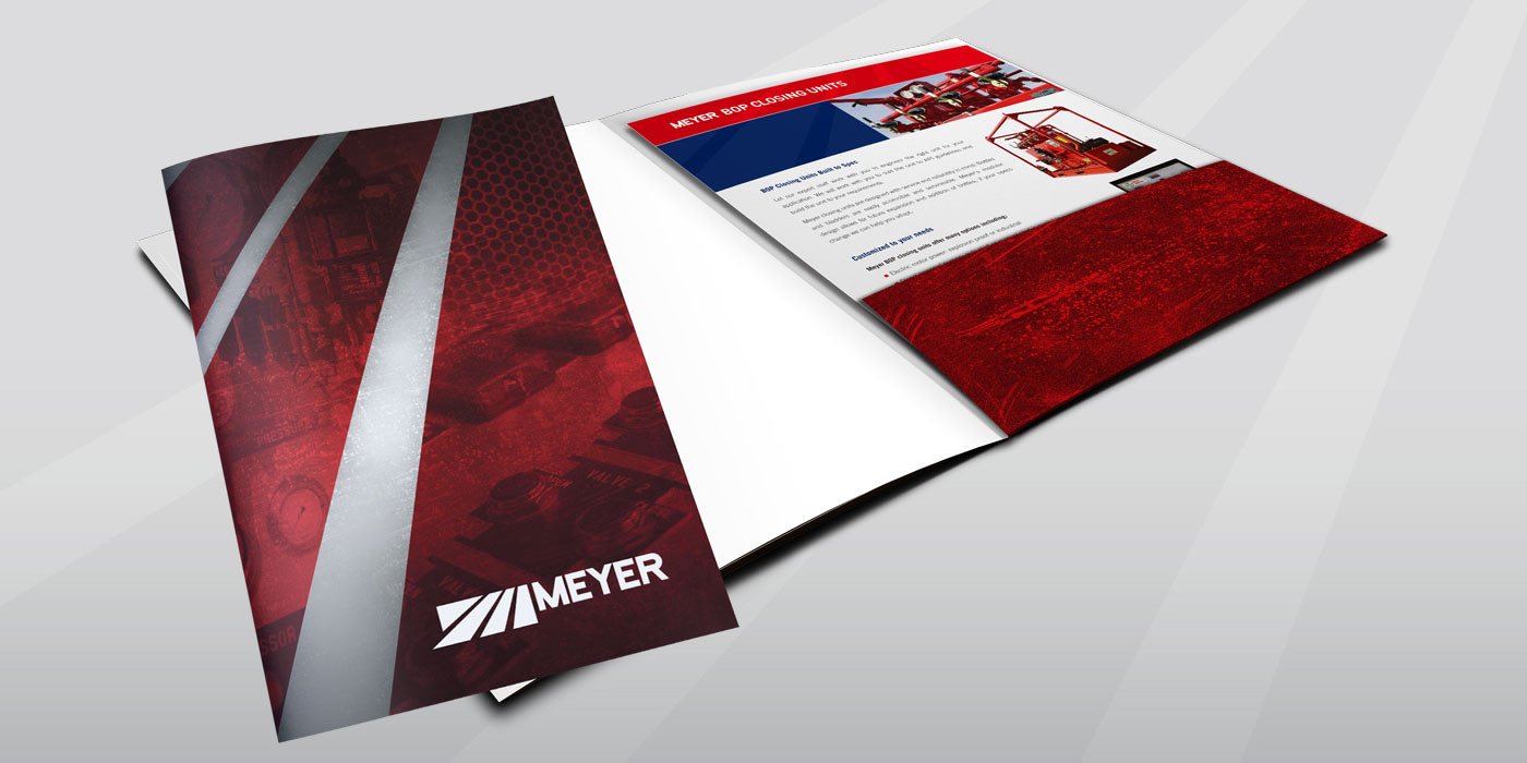 Meyer presentation folder with a red textured cover and product insert